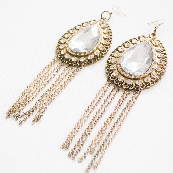 Vintage 60’s/70’s Tear Drop Drop & Dangle Chain Rhinestone Statement Earrings - Picture 6 of 8
